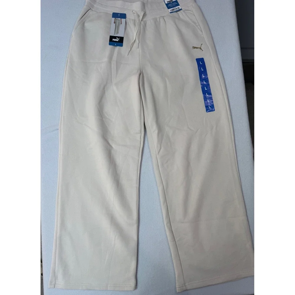 Puma Ladies Fleece Straight Leg Pants Tan Beige Gold Logo 1787624 L